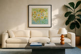 Camillia by Farida Zaman. Displayed in a glass frame with matte in a clean modern living room. Available as an archival giclee rolled canvas, fine art paper, or poster print. SKU 32163a.