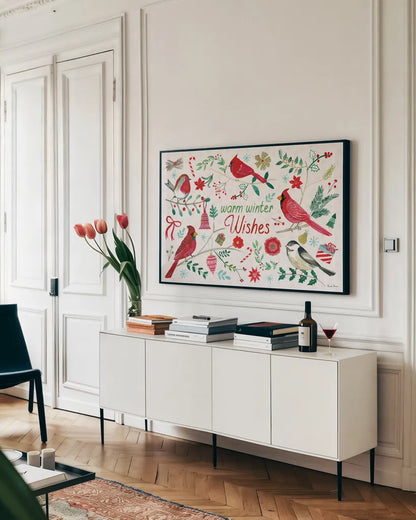 Cheerful Holiday I by Farida Zaman. shown as a framed stretched canvas in a living room above a console. Available as a archival giclee rolled canvas, fine art paper, or poster print. SKU 54660i.