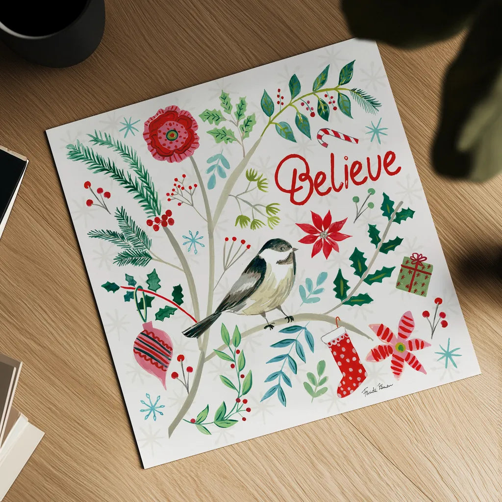 Cheerful Holiday II by Farida Zaman. Shown as a detailed flat fine art print, highlighting archival giclee quality. Available as an archival giclee rolled canvas, fine art paper, or poster print. SKU 54661a.