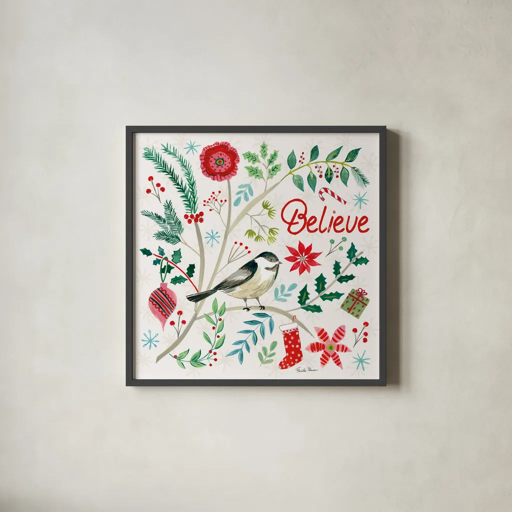 Cheerful Holiday II by Farida Zaman. Shown in a sleek black glass frame for a contemporary gallery look. Available as an archival giclee rolled canvas, fine art paper, or poster print. SKU 54661a.