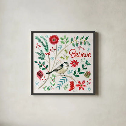 Cheerful Holiday II by Farida Zaman. Shown in a sleek black glass frame for a contemporary gallery look. Available as an archival giclee rolled canvas, fine art paper, or poster print. SKU 54661a.