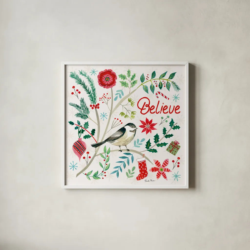 Cheerful Holiday II by Farida Zaman. Shown in a crisp white glass frame for a clean and minimalist style. Available as an archival giclee rolled canvas, fine art paper, or poster print. SKU 54661a.