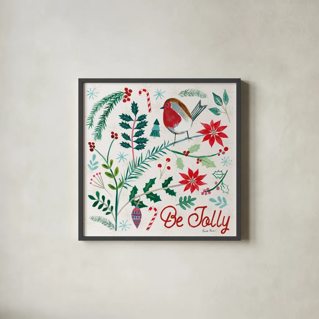 Cheerful Holiday III by Farida Zaman. Shown in a sleek black glass frame for a contemporary gallery look. Available as an archival giclee rolled canvas, fine art paper, or poster print. SKU 54662a.