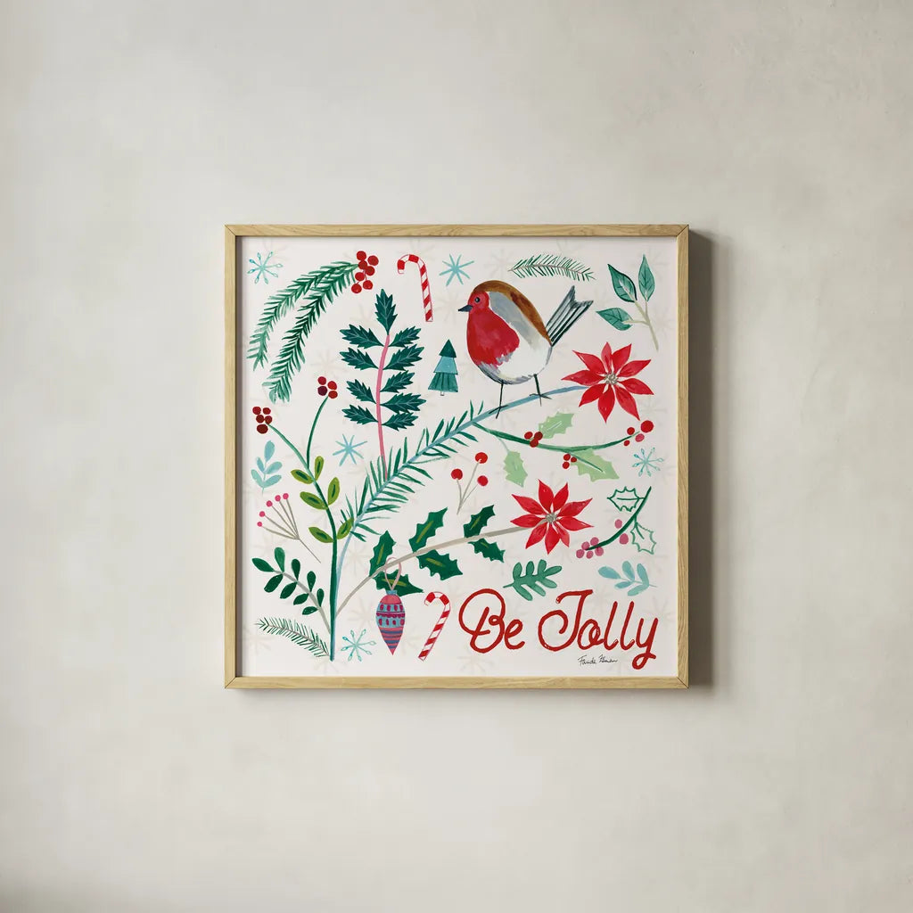 Cheerful Holiday III by Farida Zaman. Shown in a natural wood glass frame for a timeless modern aesthetic. Available as an archival giclee rolled canvas, fine art paper, or poster print. SKU 54662a.