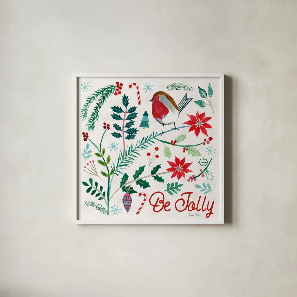 Cheerful Holiday III by Farida Zaman. Shown in a crisp white glass frame for a clean and minimalist style. Available as an archival giclee rolled canvas, fine art paper, or poster print. SKU 54662a.