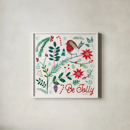 Cheerful Holiday III by Farida Zaman. Shown in a crisp white glass frame for a clean and minimalist style. Available as an archival giclee rolled canvas, fine art paper, or poster print. SKU 54662a.