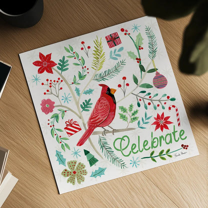 Cheerful Holiday IV by Farida Zaman. Shown as a detailed flat fine art print, highlighting archival giclee quality. Available as an archival giclee rolled canvas, fine art paper, or poster print. SKU 54663a.