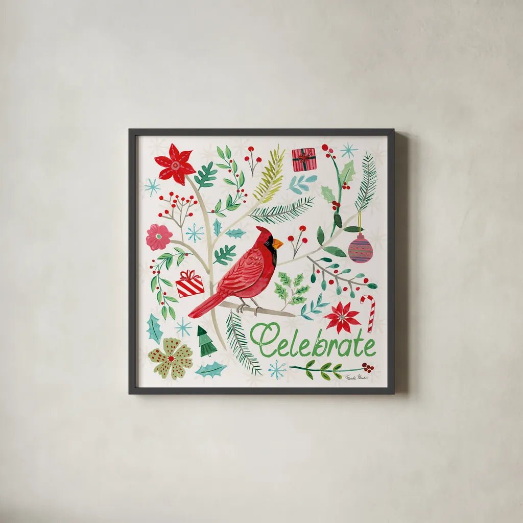 Cheerful Holiday IV by Farida Zaman. Shown in a sleek black glass frame for a contemporary gallery look. Available as an archival giclee rolled canvas, fine art paper, or poster print. SKU 54663a.