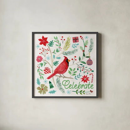 Cheerful Holiday IV by Farida Zaman. Shown in a sleek black glass frame for a contemporary gallery look. Available as an archival giclee rolled canvas, fine art paper, or poster print. SKU 54663a.