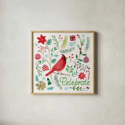 Cheerful Holiday IV by Farida Zaman. Shown in a natural wood glass frame for a timeless modern aesthetic. Available as an archival giclee rolled canvas, fine art paper, or poster print. SKU 54663a.