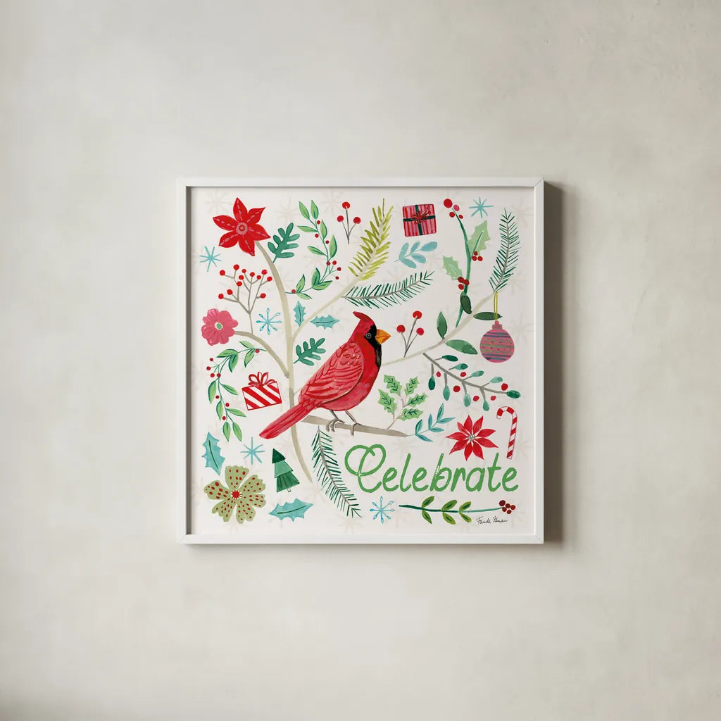 Cheerful Holiday IV by Farida Zaman. Shown in a crisp white glass frame for a clean and minimalist style. Available as an archival giclee rolled canvas, fine art paper, or poster print. SKU 54663a.