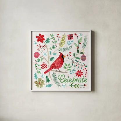 Cheerful Holiday IV by Farida Zaman. Shown in a crisp white glass frame for a clean and minimalist style. Available as an archival giclee rolled canvas, fine art paper, or poster print. SKU 54663a.