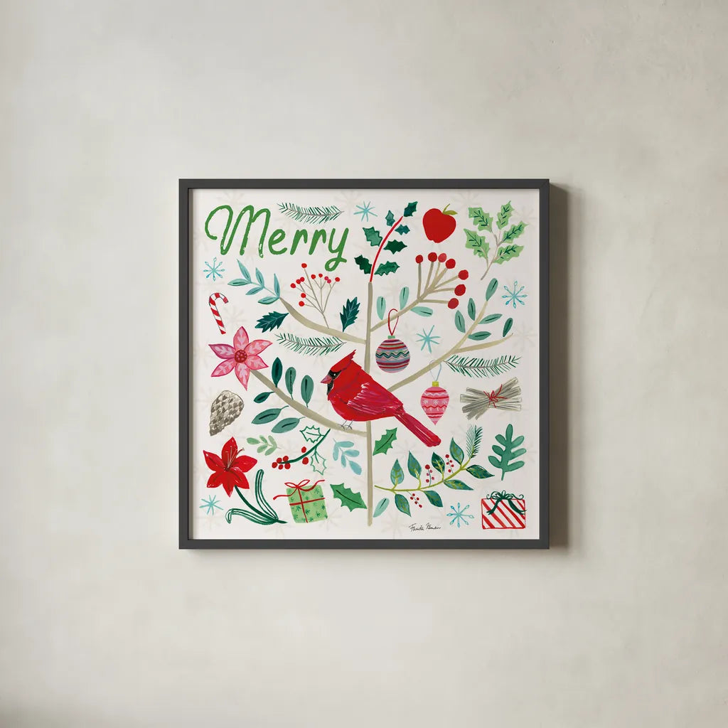 Cheerful Holiday V by Farida Zaman. Shown in a sleek black glass frame for a contemporary gallery look. Available as an archival giclee rolled canvas, fine art paper, or poster print. SKU 54664a.