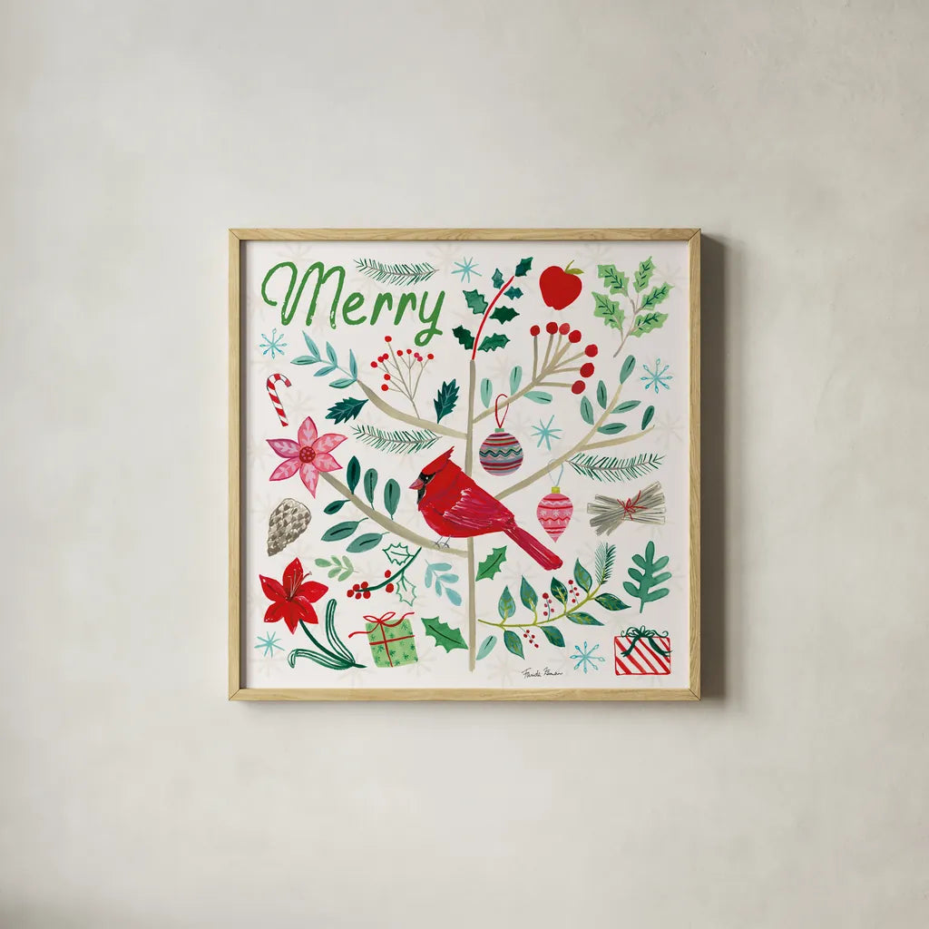 Cheerful Holiday V by Farida Zaman. Shown in a natural wood glass frame for a timeless modern aesthetic. Available as an archival giclee rolled canvas, fine art paper, or poster print. SKU 54664a.