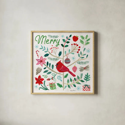 Cheerful Holiday V by Farida Zaman. Shown in a natural wood glass frame for a timeless modern aesthetic. Available as an archival giclee rolled canvas, fine art paper, or poster print. SKU 54664a.