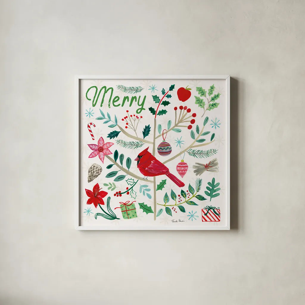 Cheerful Holiday V by Farida Zaman. Shown in a crisp white glass frame for a clean and minimalist style. Available as an archival giclee rolled canvas, fine art paper, or poster print. SKU 54664a.