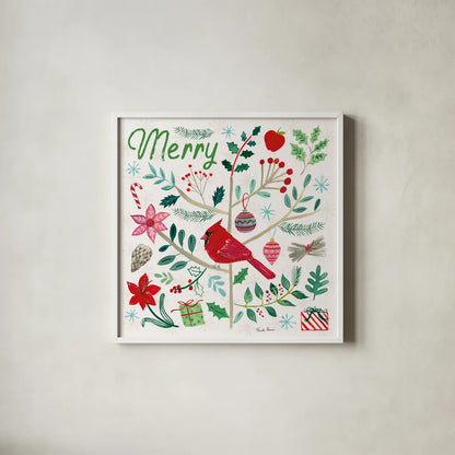 Cheerful Holiday V by Farida Zaman. Shown in a crisp white glass frame for a clean and minimalist style. Available as an archival giclee rolled canvas, fine art paper, or poster print. SKU 54664a.