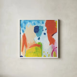 Cheerful I by Farida Zaman. Shown in a crisp white glass frame for a clean and minimalist style. Available as an archival giclee rolled canvas, fine art paper, or poster print. SKU 35414a.
