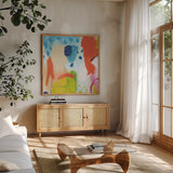 Cheerful I by Farida Zaman. Shown in a natural wood frame in a cozy modern living room. Available as an archival giclee rolled canvas, fine art paper, or poster print. SKU 35414a.