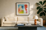 Cheerful I by Farida Zaman. Displayed in a glass frame with matte in a clean modern living room. Available as an archival giclee rolled canvas, fine art paper, or poster print. SKU 35414a.