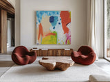 Cheerful I by Farida Zaman. Shown as extra-large giant wall art in a modern living room. Available as an archival giclee rolled canvas, fine art paper, or poster print. SKU 35414a.