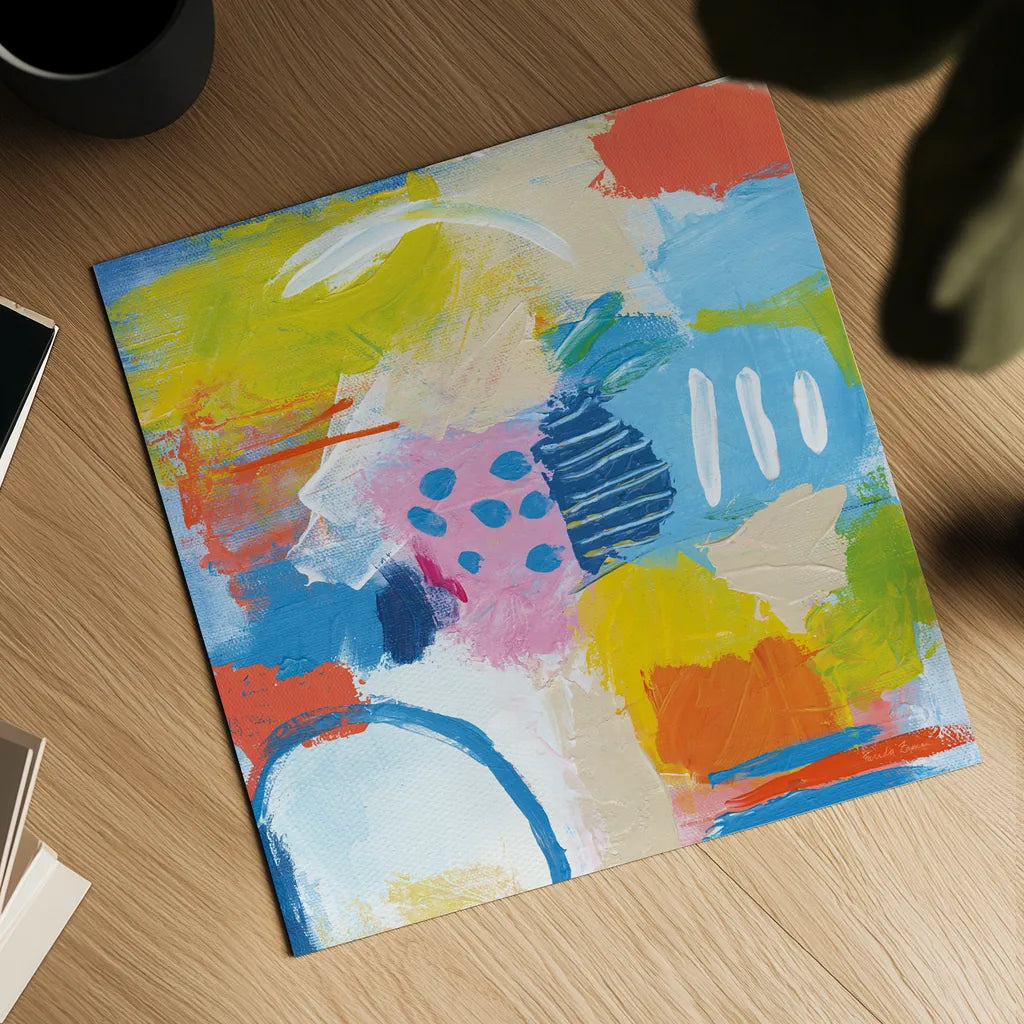 Cheerful II by Farida Zaman. Shown as a detailed flat fine art print, highlighting archival giclee quality. Available as an archival giclee rolled canvas, fine art paper, or poster print. SKU 35415a.