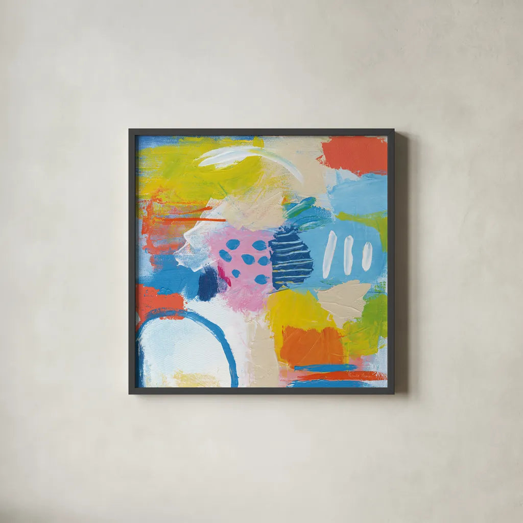 Cheerful II by Farida Zaman. Shown in a sleek black glass frame for a contemporary gallery look. Available as an archival giclee rolled canvas, fine art paper, or poster print. SKU 35415a.