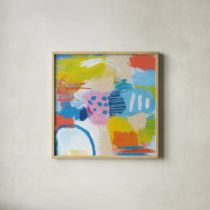 Cheerful II by Farida Zaman. Shown in a natural wood glass frame for a timeless modern aesthetic. Available as an archival giclee rolled canvas, fine art paper, or poster print. SKU 35415a.