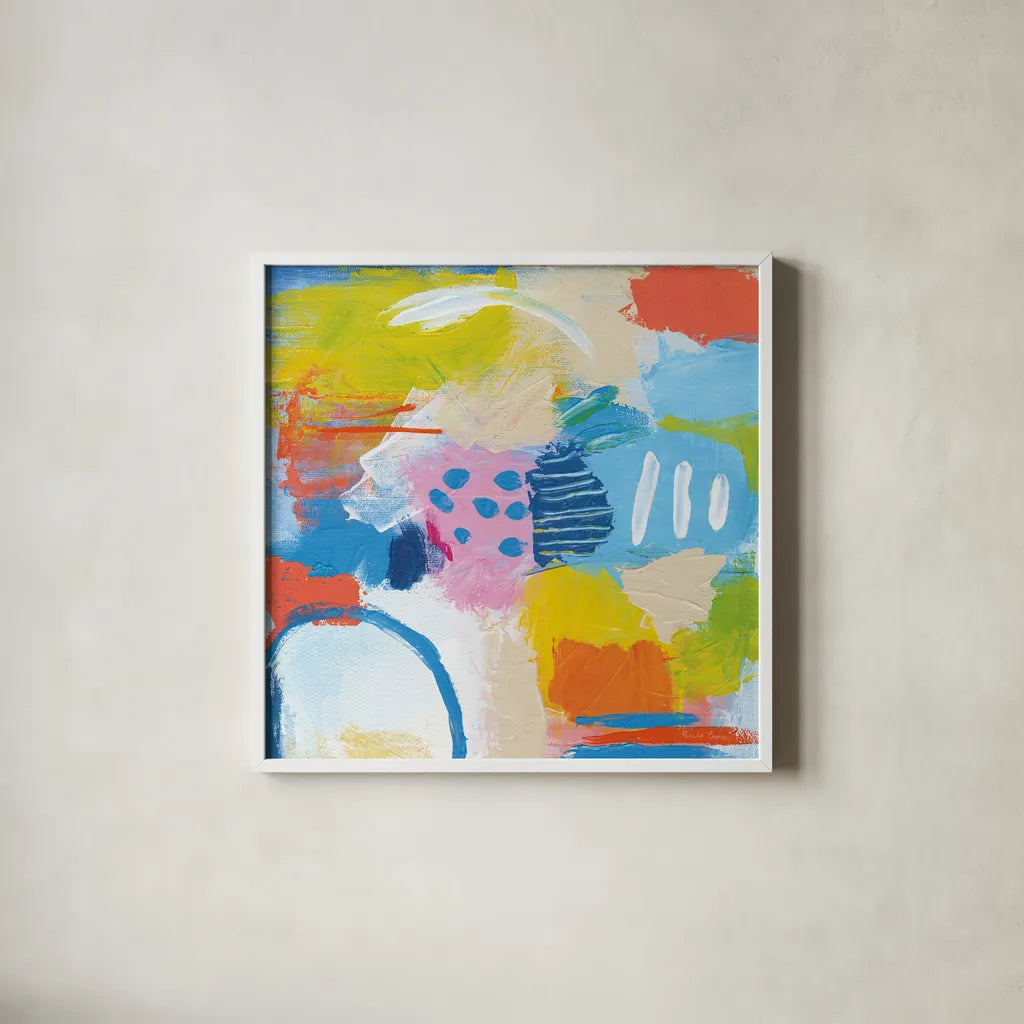 Cheerful II by Farida Zaman. Shown in a crisp white glass frame for a clean and minimalist style. Available as an archival giclee rolled canvas, fine art paper, or poster print. SKU 35415a.