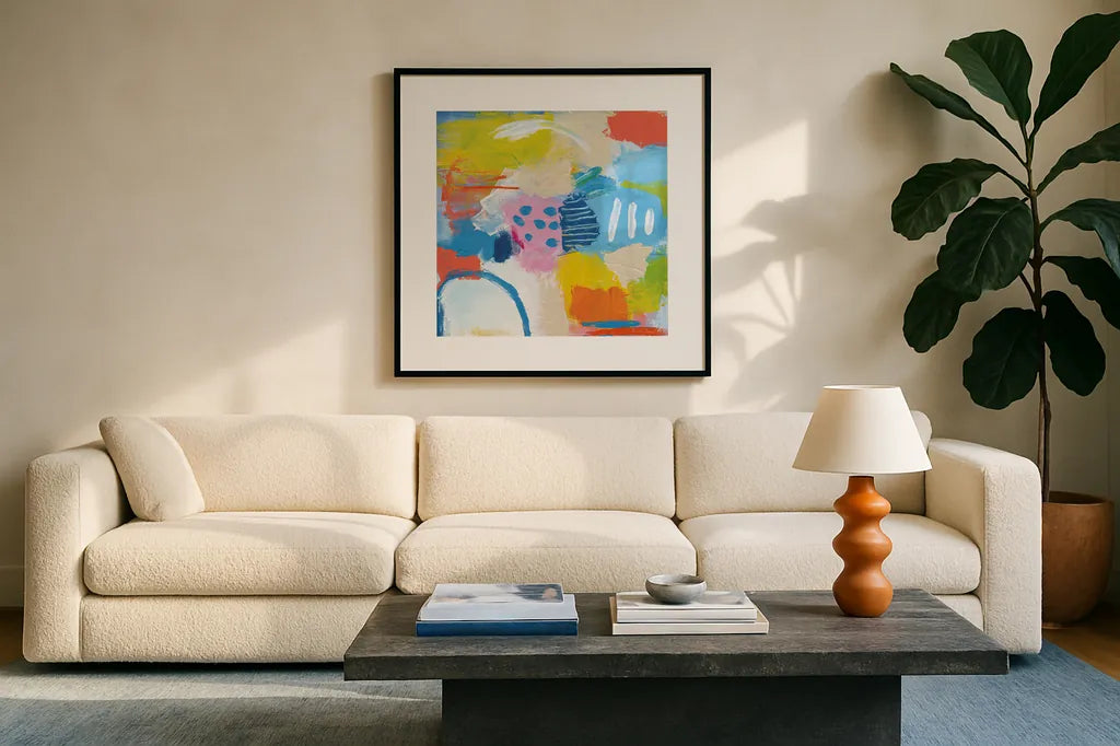 Cheerful II by Farida Zaman. Displayed in a glass frame with matte in a clean modern living room. Available as an archival giclee rolled canvas, fine art paper, or poster print. SKU 35415a.