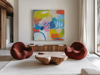 Cheerful II by Farida Zaman. Shown as extra-large giant wall art in a modern living room. Available as an archival giclee rolled canvas, fine art paper, or poster print. SKU 35415a.