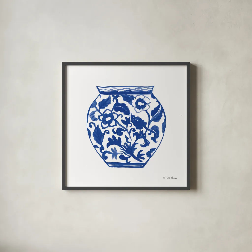 Chinoiserie I by Farida Zaman. Shown in a sleek black glass frame for a contemporary gallery look. Available as an archival giclee rolled canvas, fine art paper, or poster print. SKU 44125a.