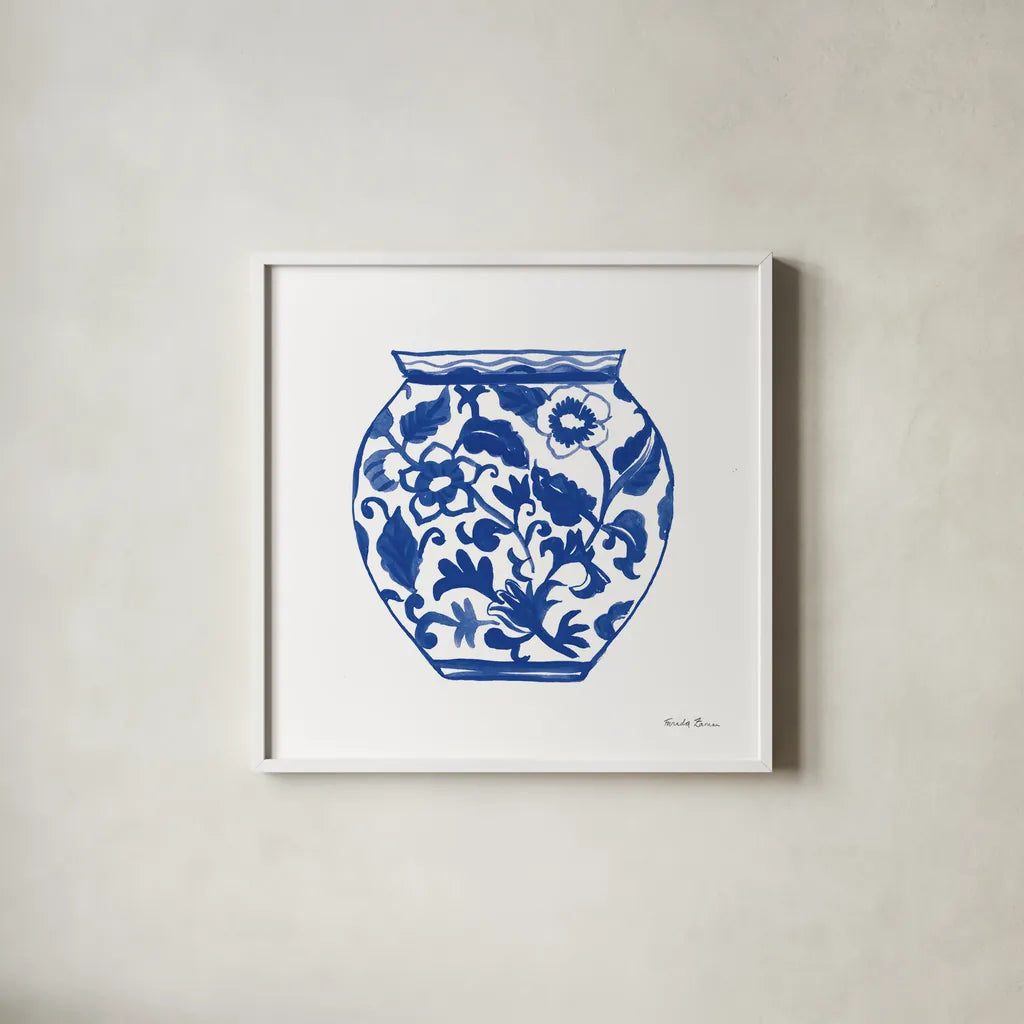 Chinoiserie I by Farida Zaman. Shown in a crisp white glass frame for a clean and minimalist style. Available as an archival giclee rolled canvas, fine art paper, or poster print. SKU 44125a.