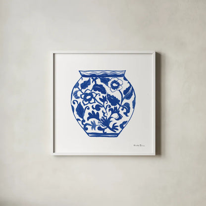 Chinoiserie I by Farida Zaman. Shown in a crisp white glass frame for a clean and minimalist style. Available as an archival giclee rolled canvas, fine art paper, or poster print. SKU 44125a.