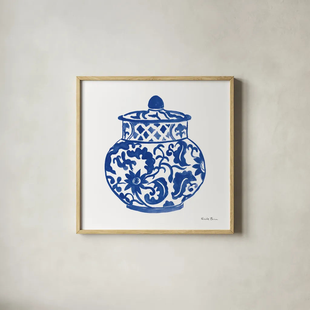 Chinoiserie II by Farida Zaman. Shown in a natural wood glass frame for a timeless modern aesthetic. Available as an archival giclee rolled canvas, fine art paper, or poster print. SKU 44126a.