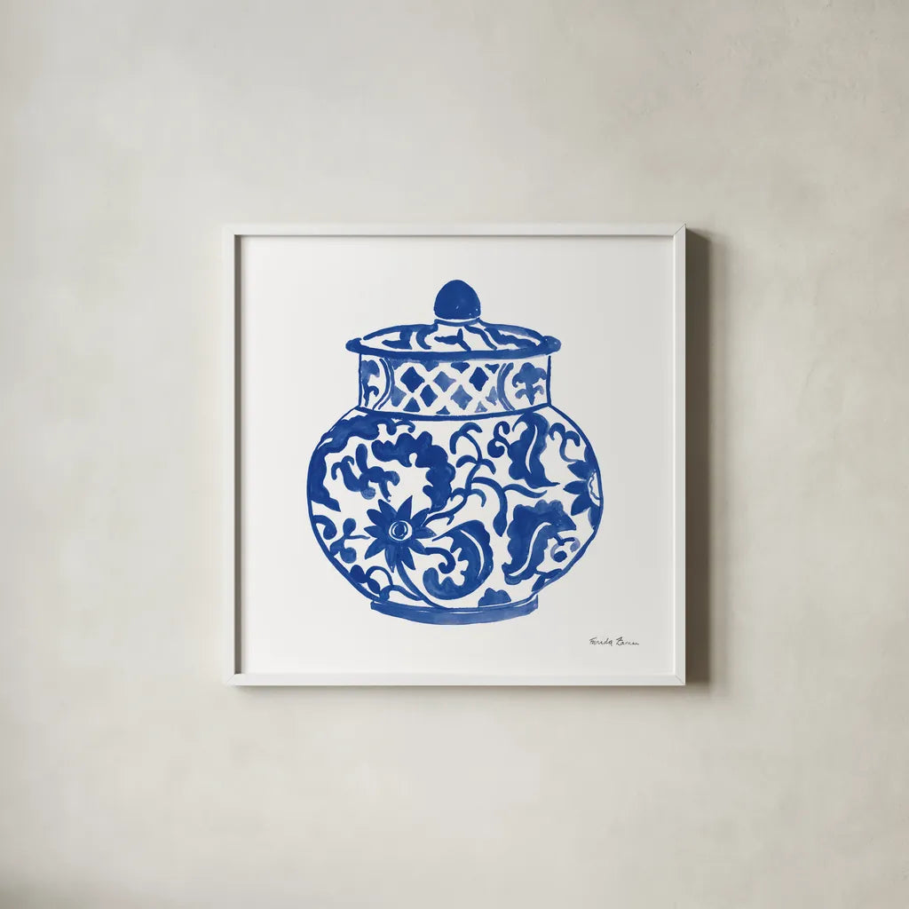 Chinoiserie II by Farida Zaman. Shown in a crisp white glass frame for a clean and minimalist style. Available as an archival giclee rolled canvas, fine art paper, or poster print. SKU 44126a.
