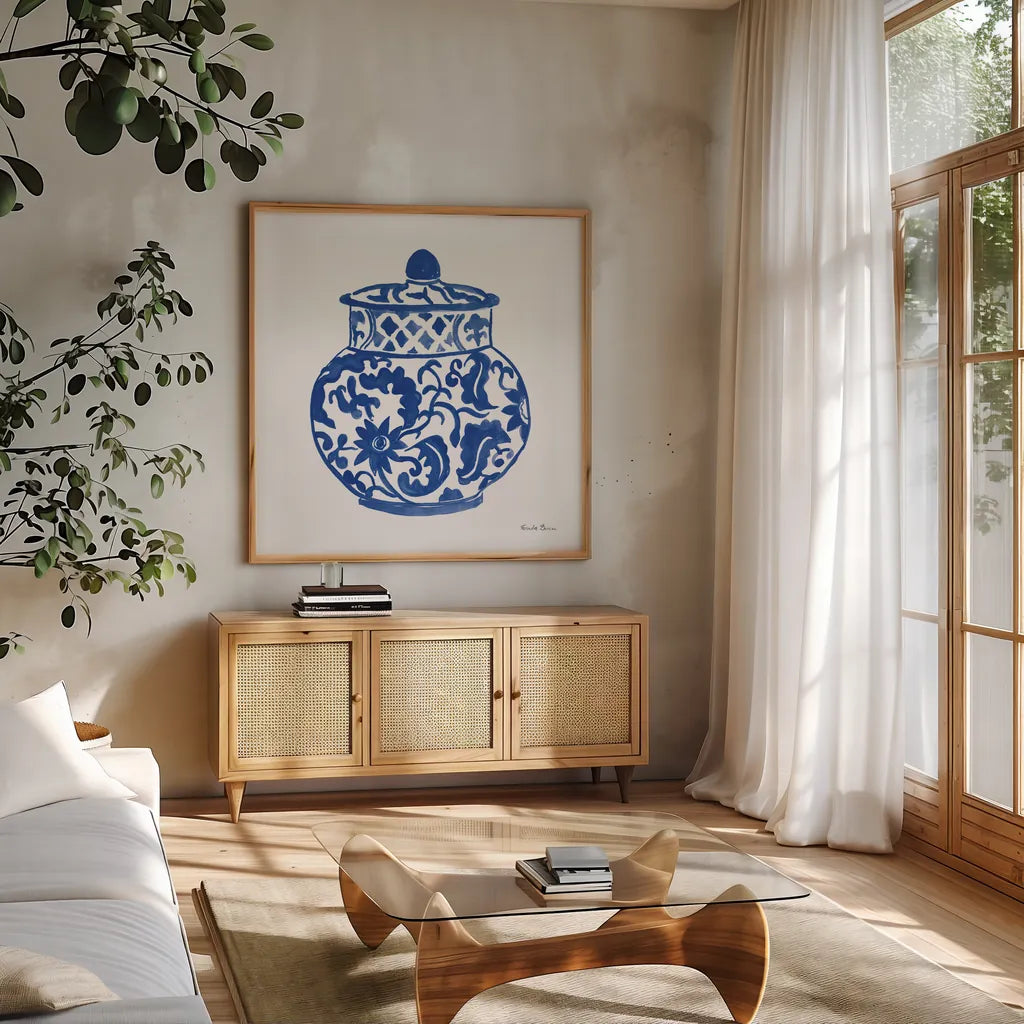 Chinoiserie II by Farida Zaman. Shown in a natural wood frame in a cozy modern living room. Available as an archival giclee rolled canvas, fine art paper, or poster print. SKU 44126a.