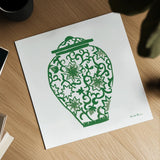 Chinoiserie III Green by Farida Zaman. Shown as a detailed flat fine art print, highlighting archival giclee quality. Available as an archival giclee rolled canvas, fine art paper, or poster print. SKU 45964a.