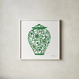 Chinoiserie III Green by Farida Zaman. Shown in a crisp white glass frame for a clean and minimalist style. Available as an archival giclee rolled canvas, fine art paper, or poster print. SKU 45964a.