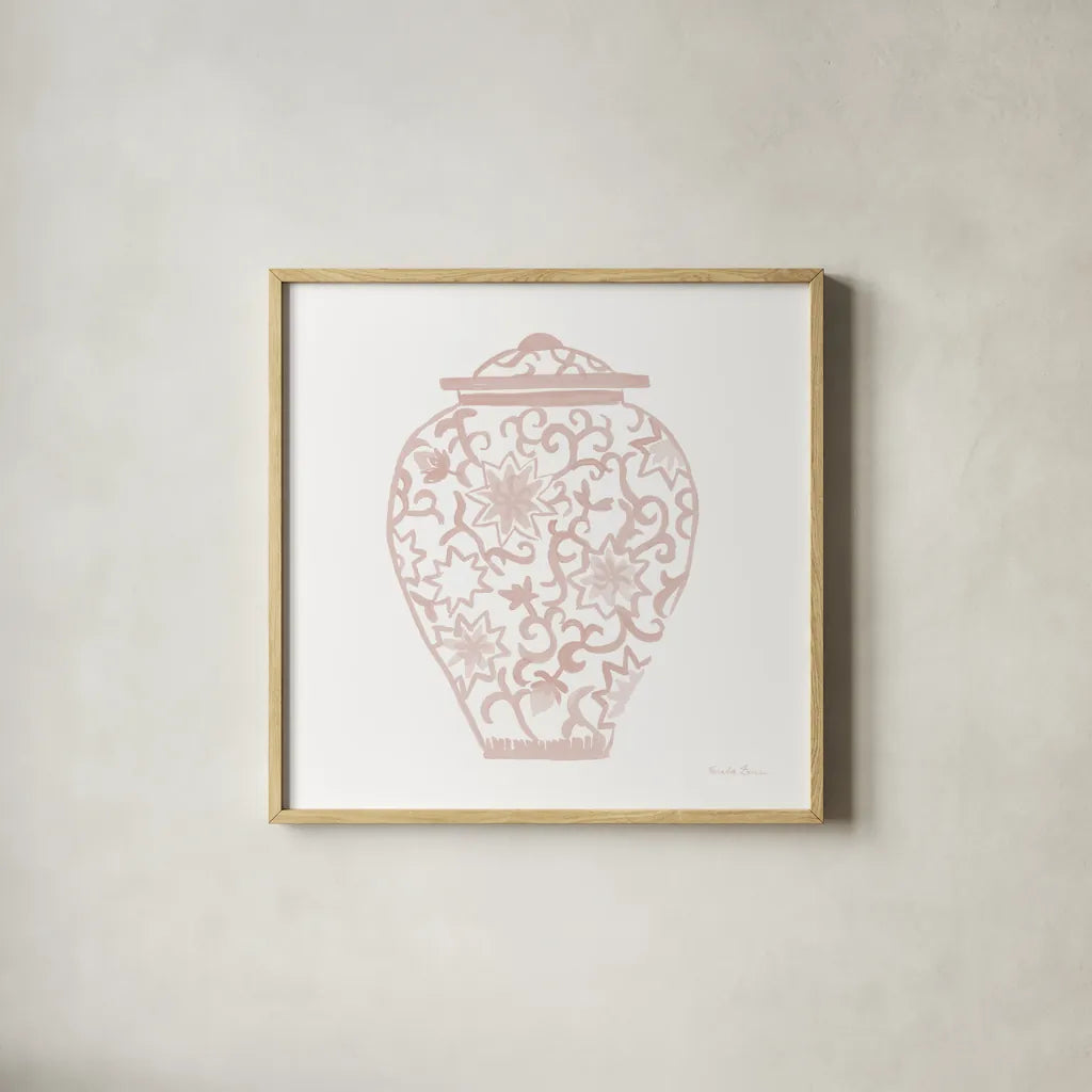 Chinoiserie III Pastel by Farida Zaman. Shown in a natural wood glass frame for a timeless modern aesthetic. Available as an archival giclee rolled canvas, fine art paper, or poster print. SKU 82372a.