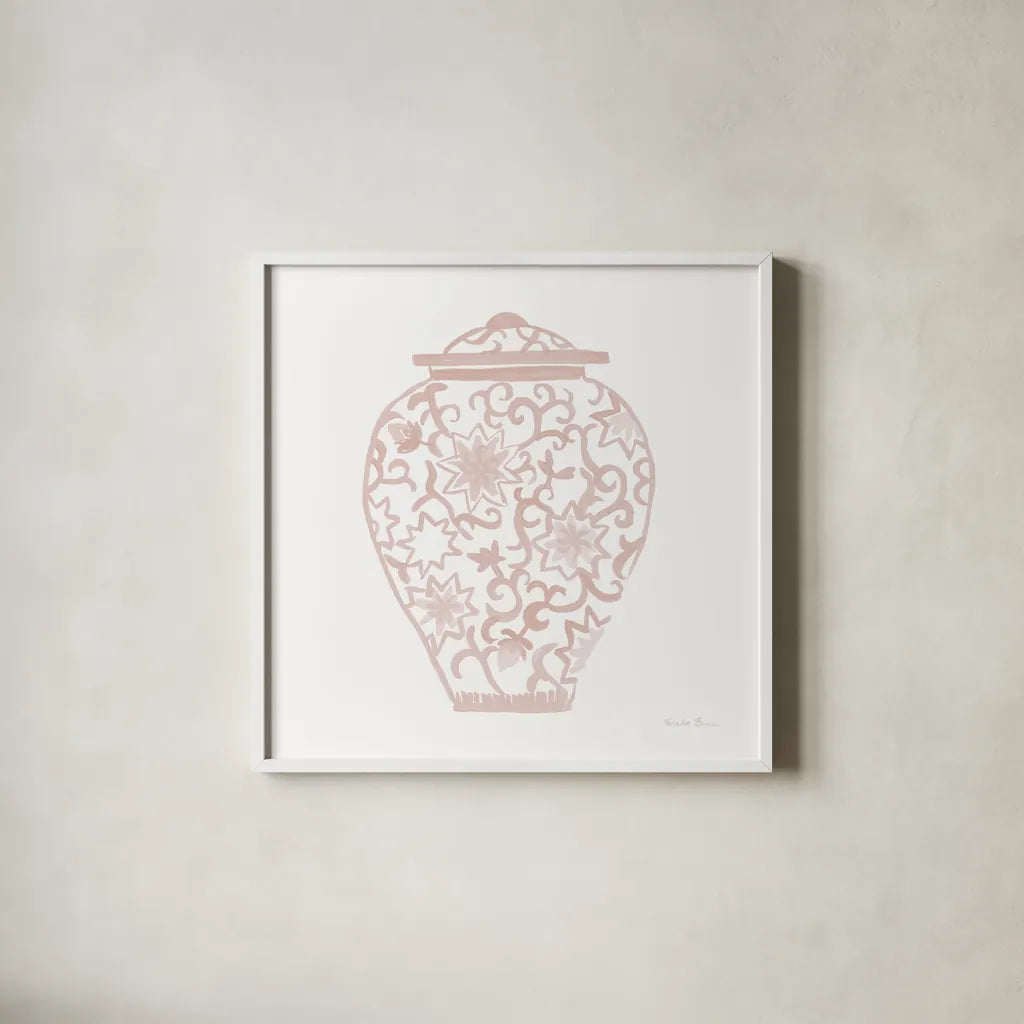 Chinoiserie III Pastel by Farida Zaman. Shown in a crisp white glass frame for a clean and minimalist style. Available as an archival giclee rolled canvas, fine art paper, or poster print. SKU 82372a.