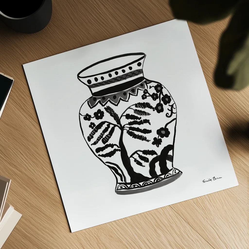 Chinoiserie IV Black by Farida Zaman. Shown as a detailed flat fine art print, highlighting archival giclee quality. Available as an archival giclee rolled canvas, fine art paper, or poster print. SKU 45965a.