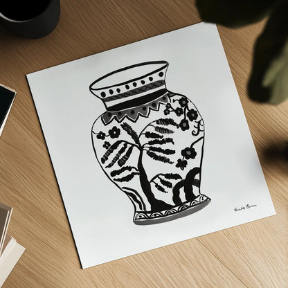 Chinoiserie IV Black by Farida Zaman. Shown as a detailed flat fine art print, highlighting archival giclee quality. Available as an archival giclee rolled canvas, fine art paper, or poster print. SKU 45965a.