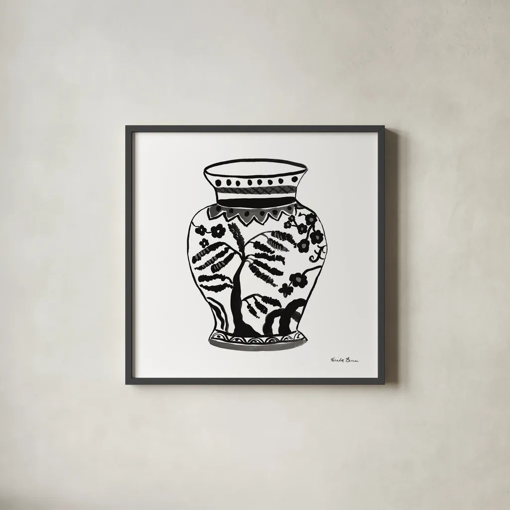 Chinoiserie IV Black by Farida Zaman. Shown in a sleek black glass frame for a contemporary gallery look. Available as an archival giclee rolled canvas, fine art paper, or poster print. SKU 45965a.