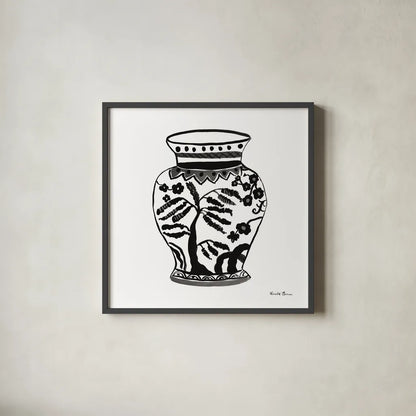 Chinoiserie IV Black by Farida Zaman. Shown in a sleek black glass frame for a contemporary gallery look. Available as an archival giclee rolled canvas, fine art paper, or poster print. SKU 45965a.