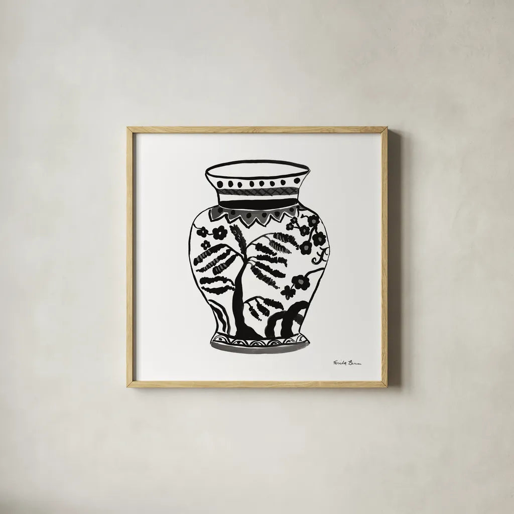 Chinoiserie IV Black by Farida Zaman. Shown in a natural wood glass frame for a timeless modern aesthetic. Available as an archival giclee rolled canvas, fine art paper, or poster print. SKU 45965a.