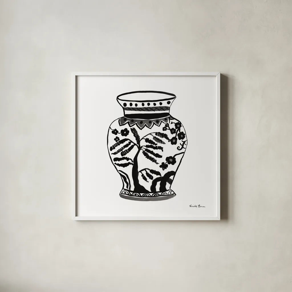 Chinoiserie IV Black by Farida Zaman. Shown in a crisp white glass frame for a clean and minimalist style. Available as an archival giclee rolled canvas, fine art paper, or poster print. SKU 45965a.