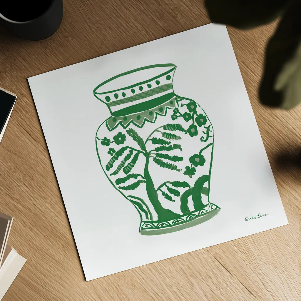 Chinoiserie IV Green by Farida Zaman. Shown as a detailed flat fine art print, highlighting archival giclee quality. Available as an archival giclee rolled canvas, fine art paper, or poster print. SKU 46157a.