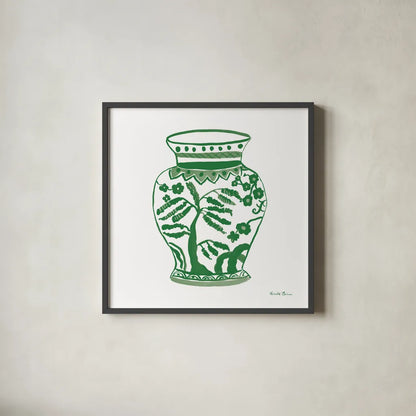 Chinoiserie IV Green by Farida Zaman. Shown in a sleek black glass frame for a contemporary gallery look. Available as an archival giclee rolled canvas, fine art paper, or poster print. SKU 46157a.