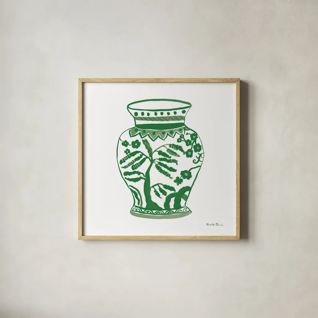 Chinoiserie IV Green by Farida Zaman. Shown in a natural wood glass frame for a timeless modern aesthetic. Available as an archival giclee rolled canvas, fine art paper, or poster print. SKU 46157a.